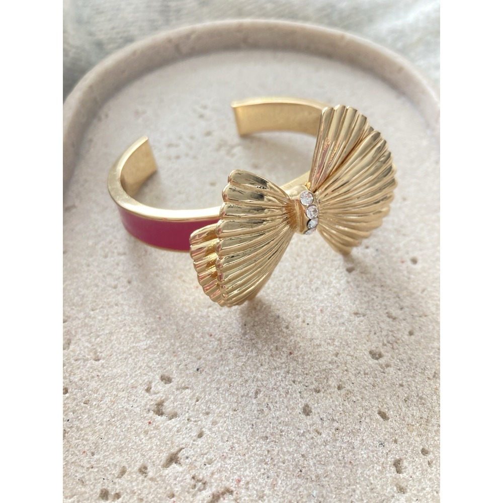 Lilly Pulitzer Pink Enamel Bow Gold Tone Cuff Bracelet Big Chunky Bow Rhinestone